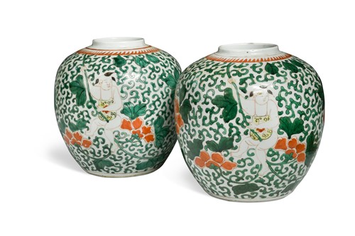 Lot 11 - A pair of Chinese famille verte porcelain ginger jars in the Kangxi style