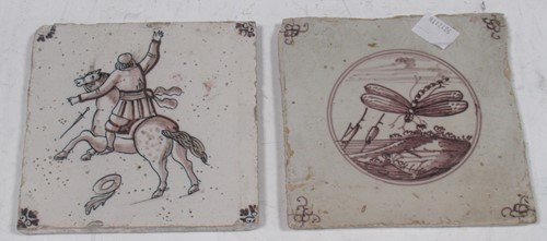 Lot 8 - Pair 18th century delft tiles in manganese...