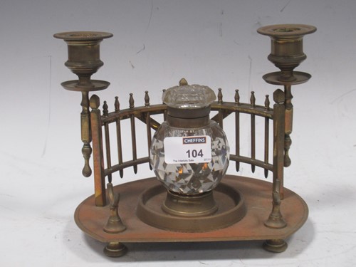 Lot 104 - Brass ink stand in the form of railings, with...