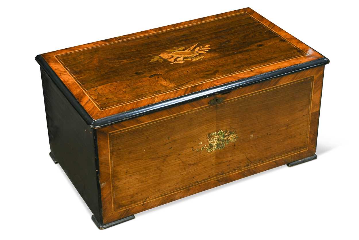 Lot 588 - A Swiss rosewood and inlaid musical box, 19th century