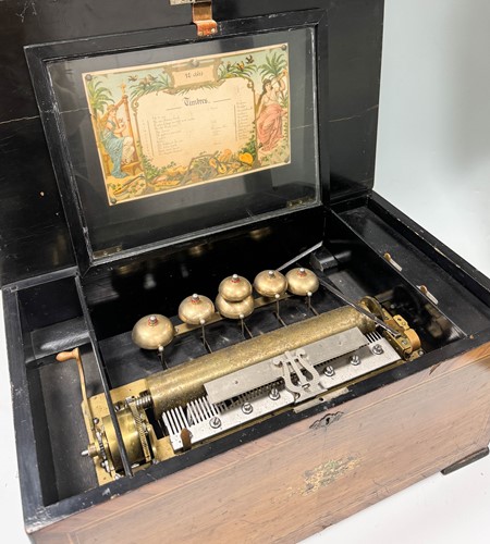 Lot 588 - A Swiss rosewood and inlaid musical box, 19th century