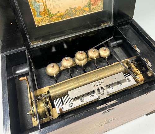 Lot 588 - A Swiss rosewood and inlaid musical box, 19th century