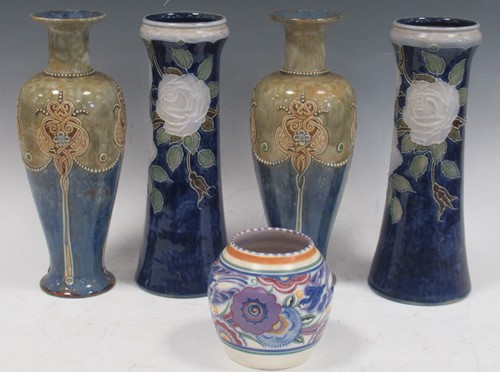 Lot 43 - A pair of Doulton stoneware baluster vases,...