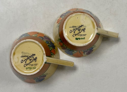 Lot 33 - A Clarice Cliff 'Crocus' pattern conical tea-for-two set