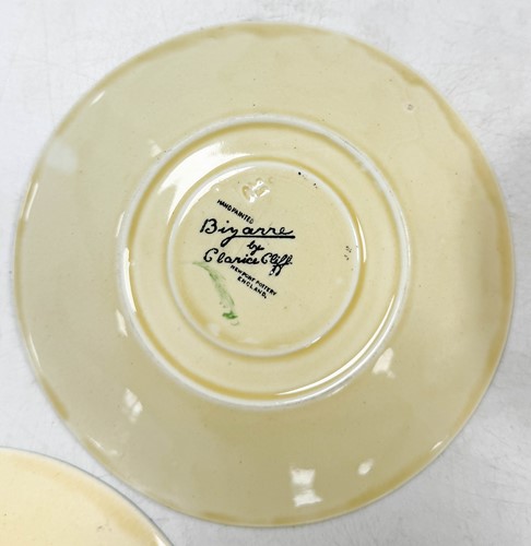 Lot 33 - A Clarice Cliff 'Crocus' pattern conical tea-for-two set