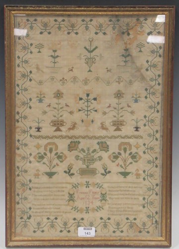 Lot 143 - An early 19th century needlework sampler,...