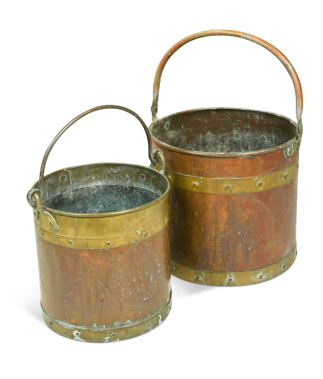 Lot 619 - A near pair of Edwardian brass and copper log baskets