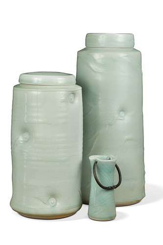 Lot 57 - Joanna Howells (1960-), two large cylindrical celadon glazed jars and covers