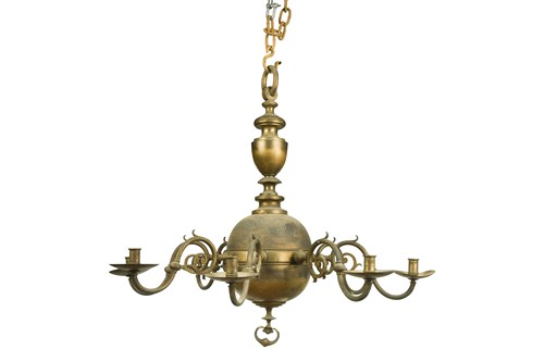 Lot 378 - A large brass Dutch style ceiling chandelier, 20th century