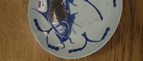 Lot 17 - Chinese blue and white dish painted with a...