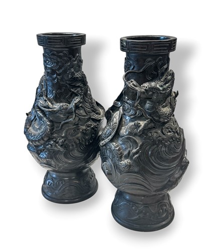 Lot 91 - A pair early 20th century bronze baluster vases, Japanese Meiji period