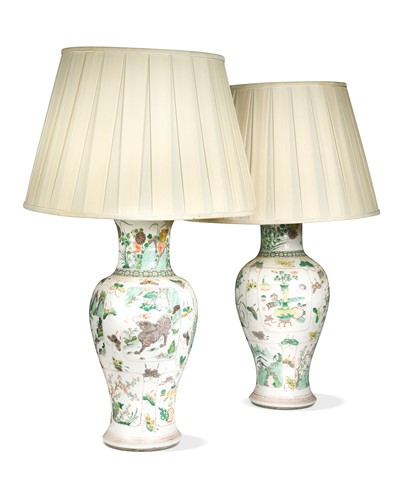 Lot 630 - A pair of Chinese famille verte porcelain large baluster vases, Qing Dynasty 19th century