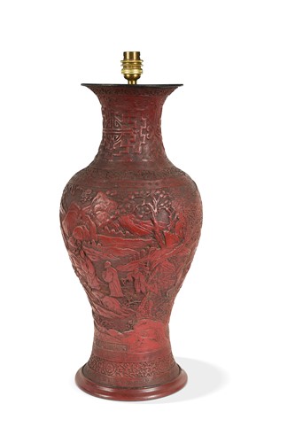 Lot 498 - A Chinese red lacquer baluster lamp base, 20th century