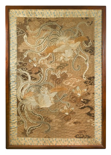 Lot 62 - A large Japanese embroidered Fenghuang bird panel, late Meiji Period (1868-1912)