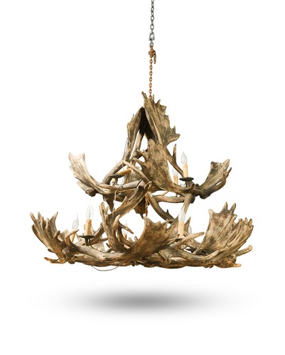 Lot 404 - A large faux antler ten light chandelier, 20th century