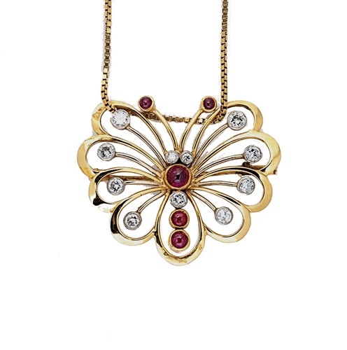 Lot 132 - A ruby and diamond butterfly brooch and chain
