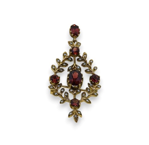 Lot 29 - A 9ct gold garnet and split pearl pendant/brooch