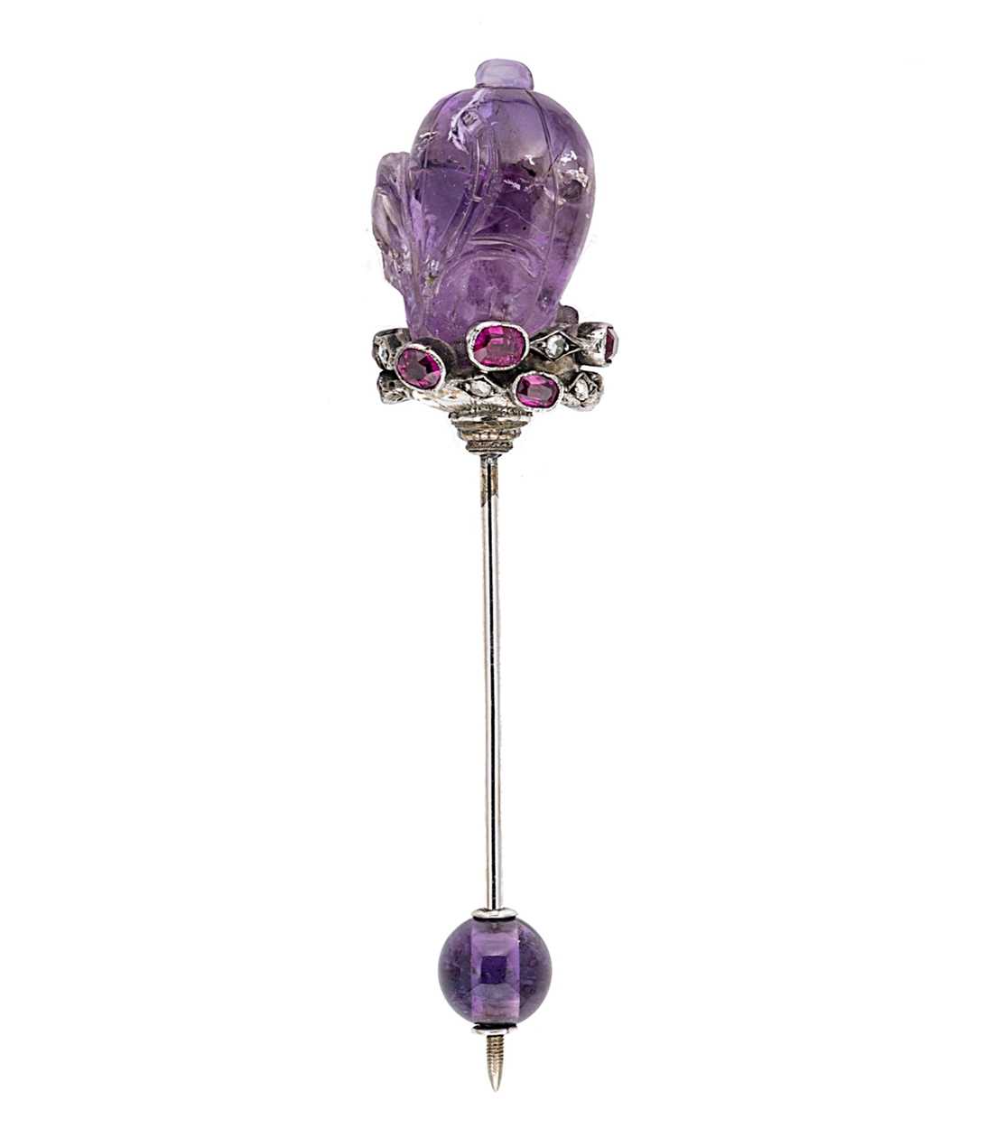 Lot 78 - An early 20th century amethyst, ruby and diamond jabot pin