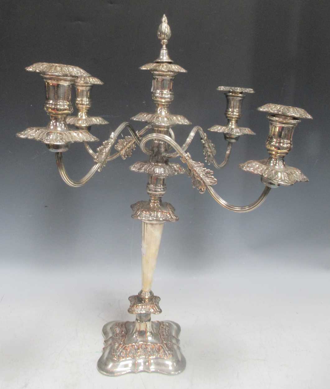 Lot 378 - A silver plated 5 light candelabra. 48cm high