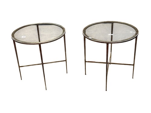 Lot 592 - A pair of glass top metal tables with a square...