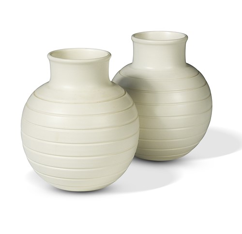 Lot 31 - Keith Murray for Wedgwood, a pair of small moonstone 'bomb' vases