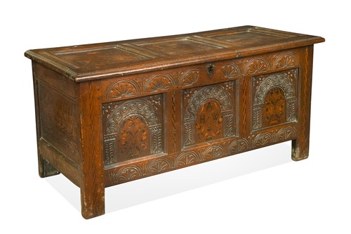 Lot 373 - An inlaid oak coffer, 17th century and later