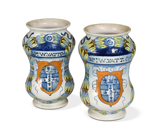 Lot 374 - A pair of Cantagalli armorial drug jars, 19th century