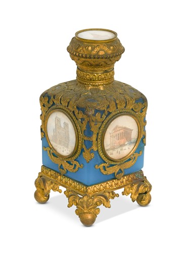 Lot 484 - A French gilt metal mounted blue opaline glass perfume bottle, 19th century