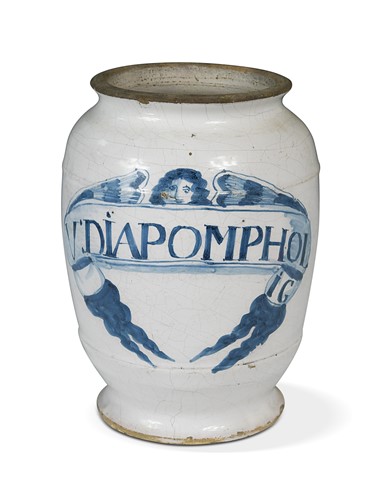 Lot 391 - A Delft blue and white drug jar, 18th century