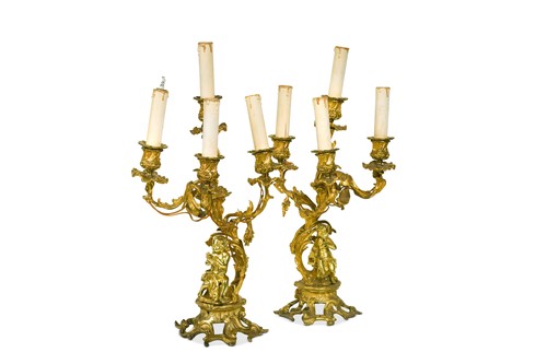 Lot 689 - A pair of Rococo style ormolu three branch candelabra, late 19th century