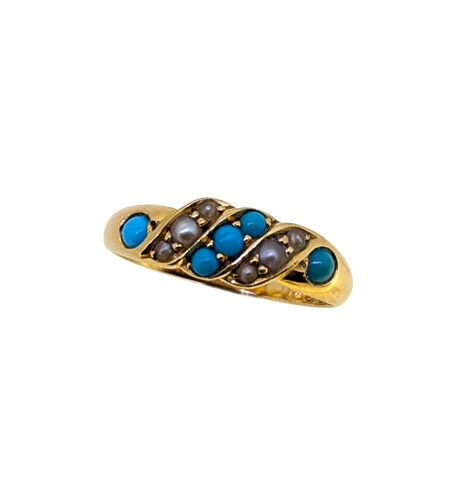 Lot 23 - An 18ct gold Edwardian split pearl and turquoise ring