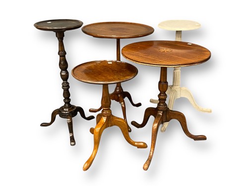 Lot 703 - Five various tripod tables with circular tops,...