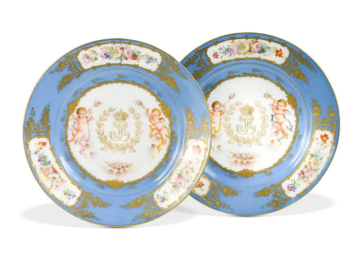 Lot 494 - A pair of Sevres Louis Philippe Sevres Chateau des Tuileries porcelain plates, 19th century