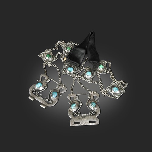 Lot 166 - A Liberty & Co. Cymric silver and turquoise belt designed by Oliver Baker