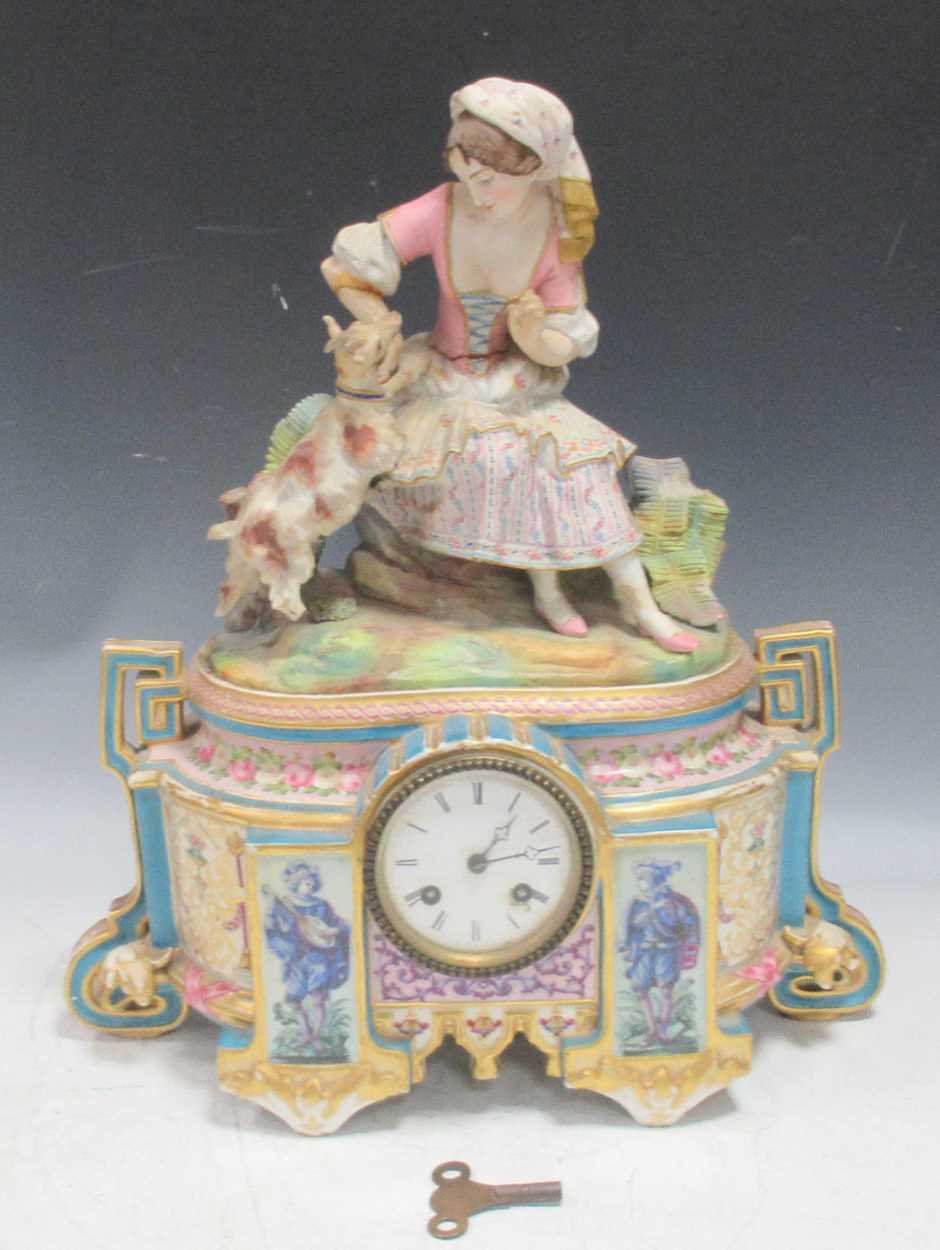 Lot 147 - A 19th century bisque porcelain figural clock,...