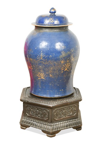 Lot 16 - A Chinese powder blue ground and gilded porcelain large vase and cover, Qing Dynasty 18th century