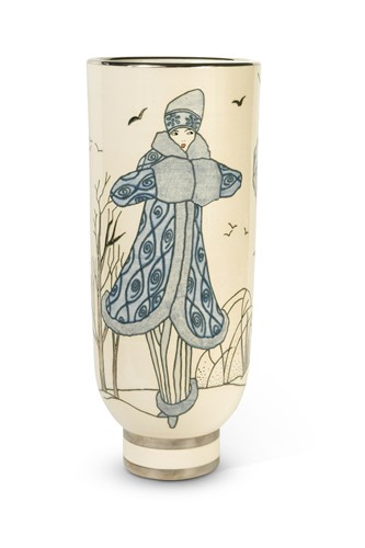 Lot 46 - Sally Tuffin for Dennis China Works, 'Winter Coats', a trial pottery 'fashion' vase