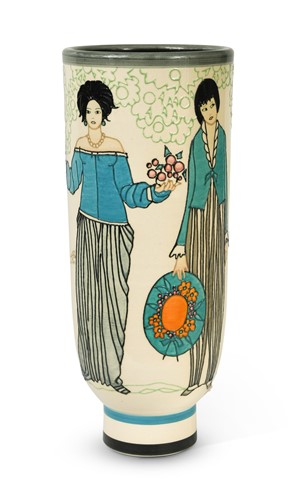 Lot 45 - Sally Tuffin for Dennis China Works, 'Summer Frocks, 1914', a trial pottery 'fashion' vase