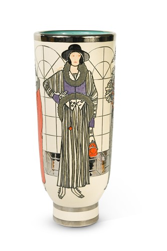 Lot 43 - Sally Tuffin for Dennis China Works, 'Spring Shoppers, 1914', a pottery 'fashion' vase