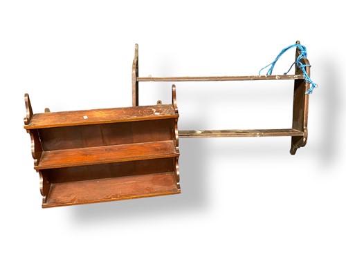 Lot 803 - Two sets of stained wood hanging shelves, the...