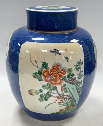 Lot 24 - A Chinese export powder blue and famille verte porcelain ginger jar and cover, Qing Dynasty, 19th century
