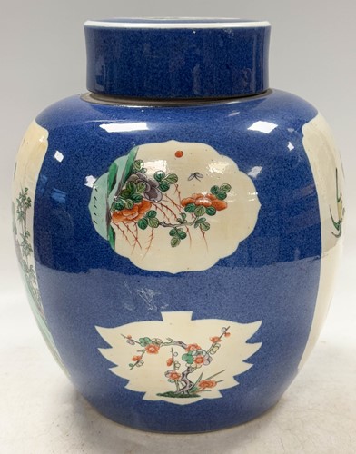 Lot 24 - A Chinese export powder blue and famille verte porcelain ginger jar and cover, Qing Dynasty, 19th century