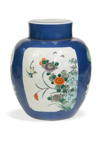 Lot 24 - A Chinese export powder blue and famille verte porcelain ginger jar and cover, Qing Dynasty, 19th century