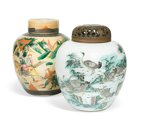 Lot 117 - Two Chinese ginger jars and covers, 27cm and...
