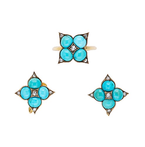 Lot 36 - A turquoise and diamond ring together with a pair of matching ear studs