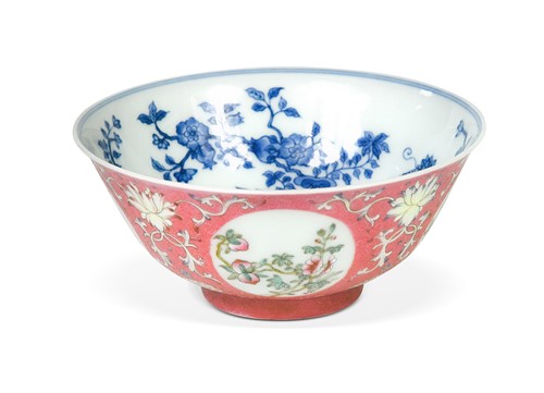 Lot 49 - A Chinese porcelain pink ground medallion bowl, Daoguang six character mark but Republic Period