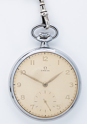 Lot 213 - Omega - A steel pocket watch with a silver 'double Albert' chain, fob & vesta case
