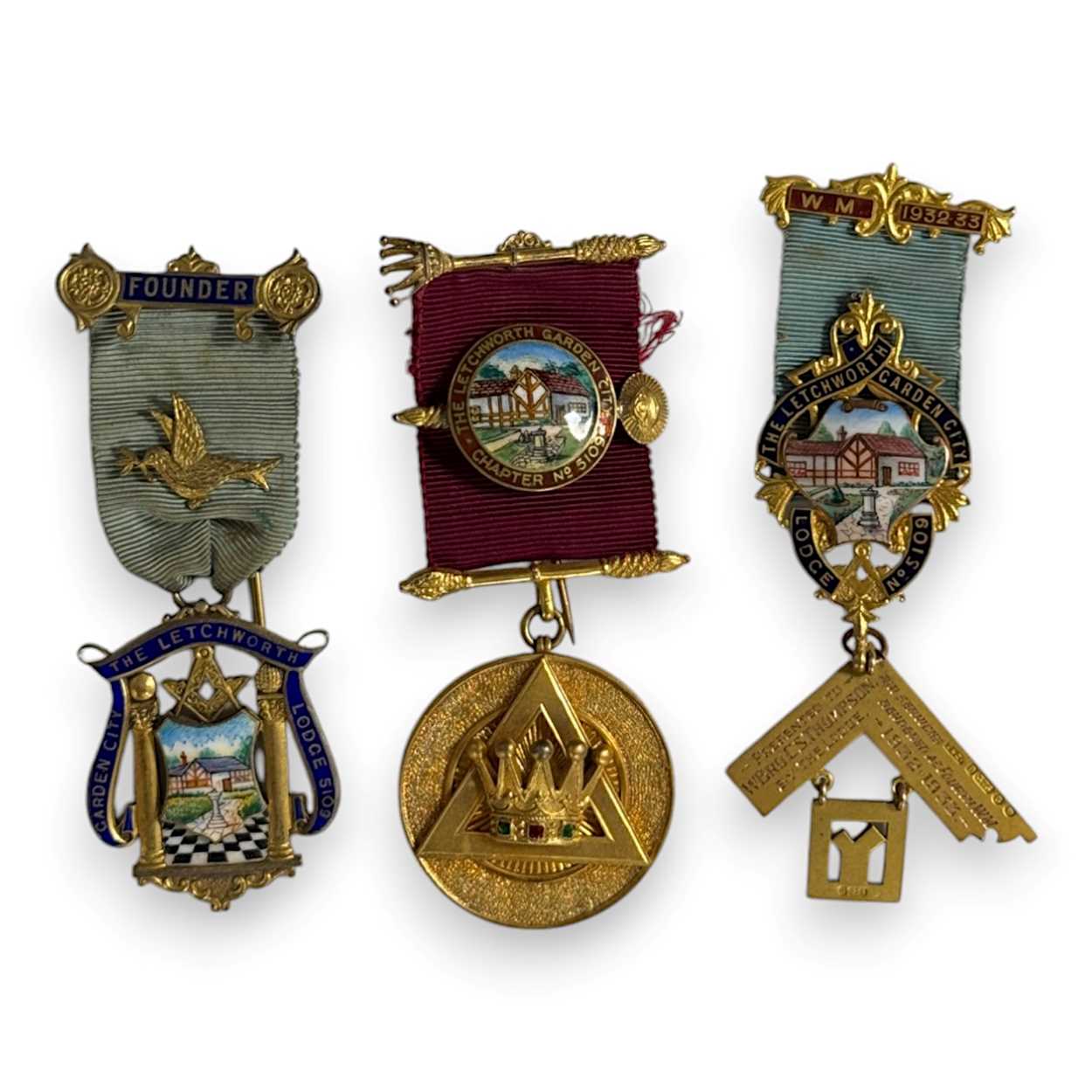 Lot 213 - Three Masonic jewels for The Letchworth Garden City Lodge No 5109