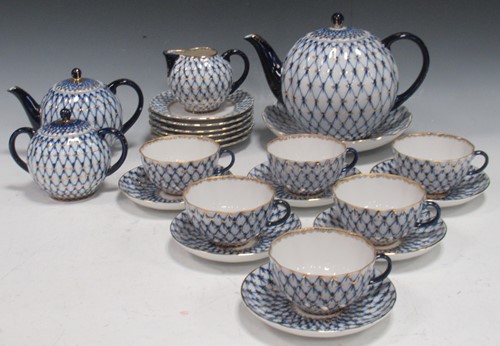 Lot 111 - A Lomonosov (USSR) teaset, in blue and gilt...