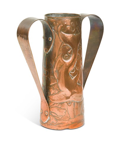 Lot 126 - A Newlyn School copper twin handled vase